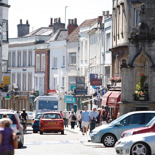 Wells High Street; walking distance for pupils and Music Summer Camp Students