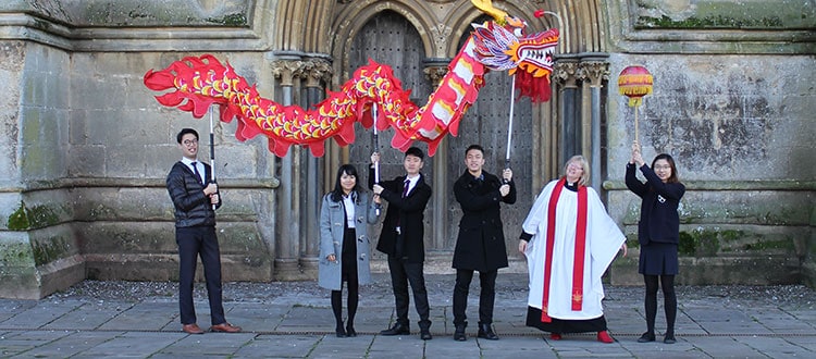 Chinese dragon in front of Wells Cathedral