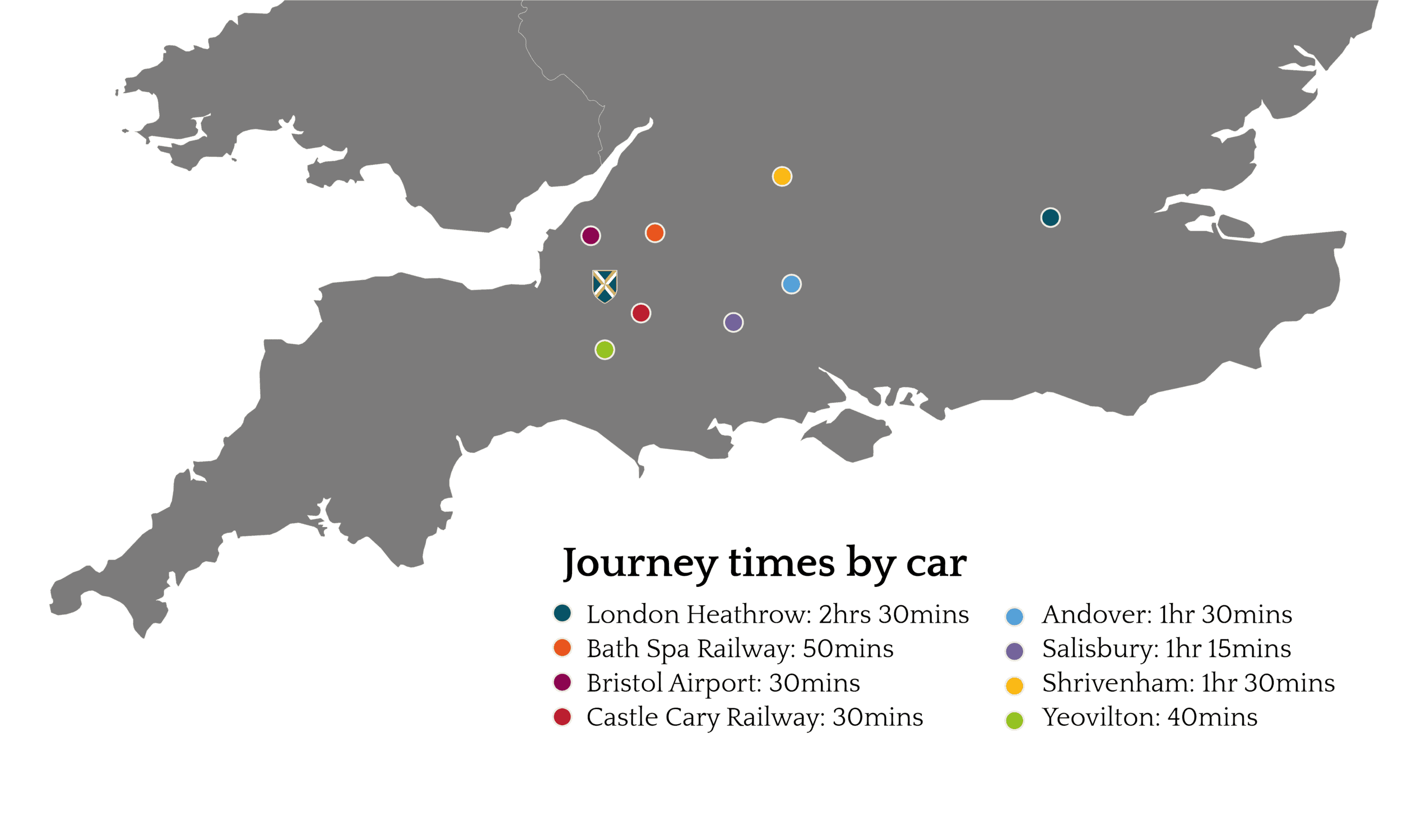 Map of Southern UK with a key to show journey times to key airports, train stations and military bases