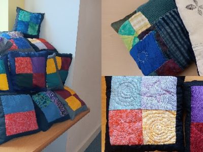 Hand sewing patchwork cushion fronts WCS Wells Cathedral School Independent Prep Somerset England