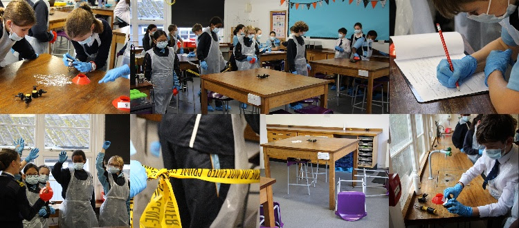 Year 7s form Crime Scene Investigation team WCS Wells Cathedral School Independent Prep Somerset England